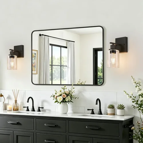 Miniatura 6 de Indoi Juego de 2 apliques de pared para baño, luces modernas de tocador negro mate con pantalla de vidrio transparente, lámpara de pared de baño
