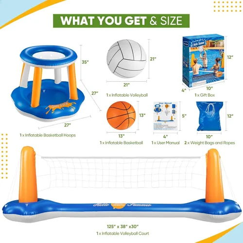 Miniatura 15 de Juego de voleibol de piscina de 118 pulgadas, cancha de voleibol inflable con 2 bolsas de peso, pelota de PVC y bomba mejoradas, divertidos
