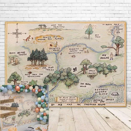 Telón de fondo de oso de bosque de 100 acres para baby shower, 7 x 5, fondo de oso feliz cumpleaños, oso para el hogar, mapas, fondos para niños de