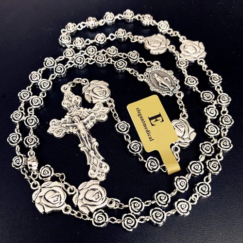Miniatura 2 de elegantmedical Hecho a mano vintage plata rosa cuentas rosario católico collar cruz caja de regalo Italia crucifijo, Plata