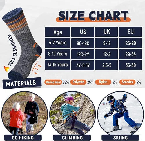 Miniatura 16 de Calcetines de senderismo de lana merino para niños y niñas, calcetines térmicos cálidos para botas de invierno, 6 pares