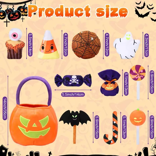Miniatura 3 de Liliful Juego de 11 piezas de juguetes de calabaza de Halloween, animales de peluche que brillan en la oscuridad, cesta grande de calabaza de felpa