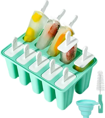 Miniatura 9 de Moldes de silicona para paletas de hielo, sin BPA, 10 cavidades, fácil liberación, con 10 varillas reutilizables, embudo y cepillo de limpieza