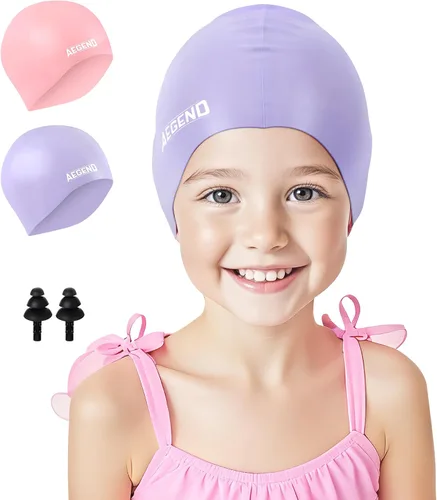 Miniatura 10 de Aegend Paquete de 2 gorros de natación para niñas y niños de 3 a 15 años, gorro de natación impermeable para niños, de silicona duradera