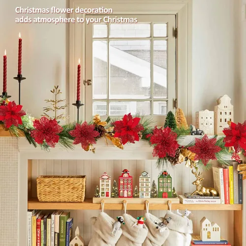 Miniatura 4 de RECUTMS 66 piezas 3 estilos de adornos rojos de Navidad, flores de Pascua brillantes de Poinsettia artificiales, adornos de árbol de Navidad, flores