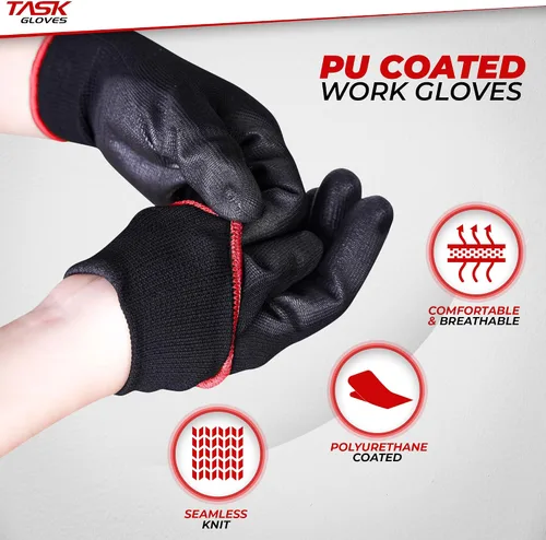 Miniatura 3 de Task Force - Guantes de trabajo de seguridad con revestimiento de poliuretano, 12 pares, guantes de punto sin costuras con revestimiento