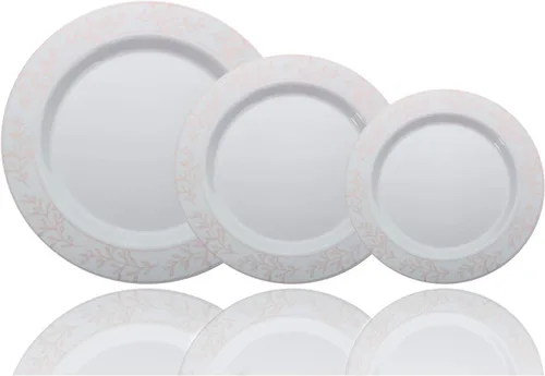 Miniatura 6 de Exquisite Juego de 60 cuencos de plástico desechables de alta calidad de 14 onzas. Los platos llanos cuentan con un fondo blanco clásico con un