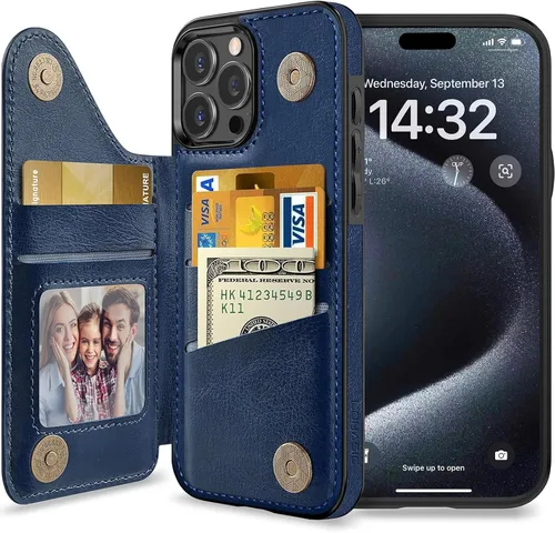 LOHASIC Funda tipo cartera para iPhone 15 Pro, soporte para 5 tarjetas, bloqueo RFID seguro, funda de piel sintética vintage para hombres y mujeres,