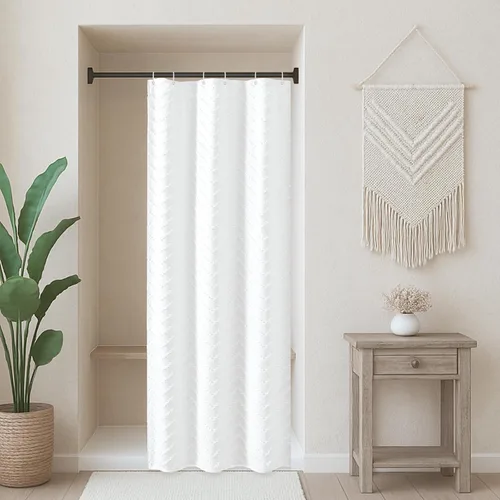 Miniatura 12 de Cortina de ducha bohemia beige de 72 x 72 pulgadas, moderna cortina de ducha estilo granja, bohemio, elegante, con textura de cheurón, cortinas