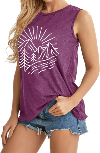 Miniatura 26 de Camisetas sin mangas de senderismo y montaña para mujer, divertidas camisetas de entrenamiento con gráficos de pino y amanecer, camisetas de verano