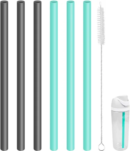 Pajitas de repuesto compatibles con botella de agua de plástico transparente FreeSip de 25 onzas de Owala, paquete de 6 con 1 cepillo (negro + verde)