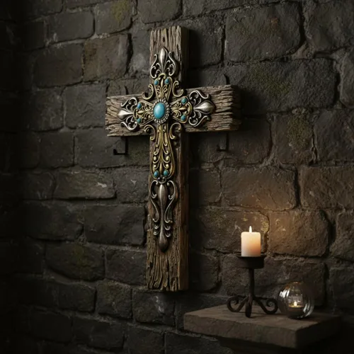 Miniatura 7 de Comfy Hour Cruz de pared de madera sintética rústica de 12 pulgadas con detalles turquesa, placa religiosa victoriana ornamentada, decoración
