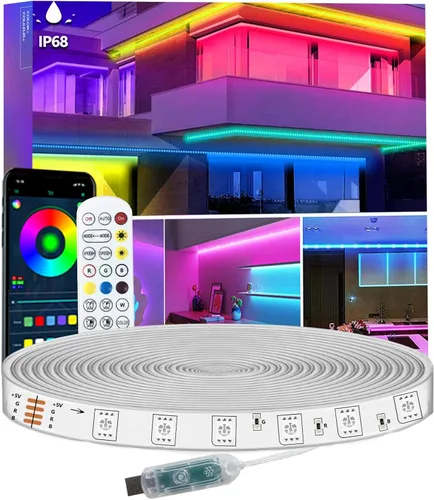 Tira de luces LED de 16.4 pies IP68 impermeable para exteriores, alimentación por USB de 5 V, sincronización de música, Bluetooth APP/RF, luces de