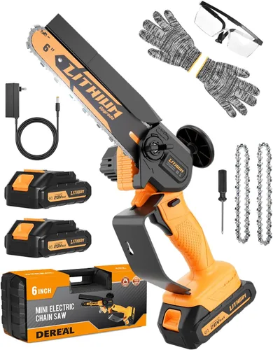 Mini motosierra eléctrica de mano portátil de 6 pulgadas con 2 baterías, 2 cadenas para cortar árboles, corte de madera, patio y jardín