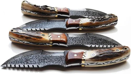 Miniatura 3 de Cuchillo de Caza de Damasco con Mango de Asta de Ciervo y Funda de Cuero (Damascus Tracker, Hoja de 4.5 Pulgadas)