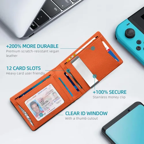 Miniatura 8 de Zitahli - Billetera delgada con 12 ranuras para tarjetas, ventana de identificación con clip para dinero, bolsillo frontal RFID plegable, pequeña