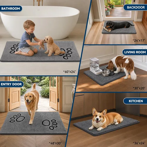 Miniatura 5 de Bcoimo Tapete súper absorbente para puerta de perro, 30 x 20 pulgadas, tapete antideslizante para patas fangosas, alfombras para mascotas para patas