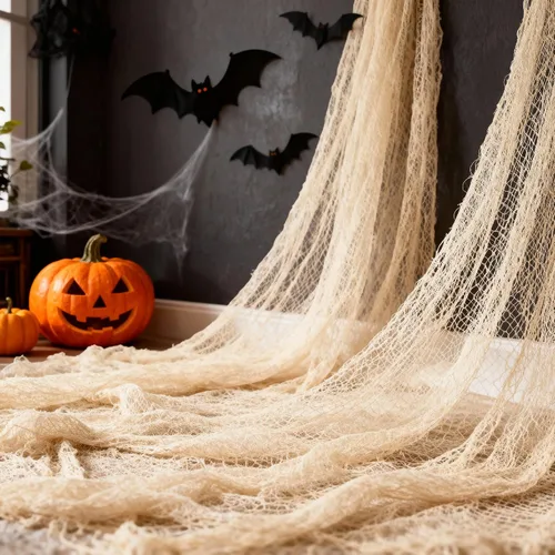 Miniatura 8 de Qtisky Juego de 5 telas de gasa espeluznante de Halloween, tapiz de gasa de Halloween beige para interiores y exteriores, decoraciones espeluznantes