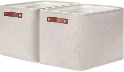 Miniatura 9 de HNZIGE Cestas organizadoras grandes de tela (3 unidades), canastas decorativas plegables con asas de cuero (crema, 15 x 11 x 9.5 pulgadas)