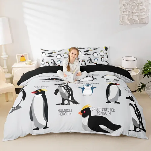 Miniatura 4 de Erosebridal Funda de edredón de pingüinos tamaño Queen, juego de ropa de cama de pingüinos negros y blancos, funda de edredón de animales lindos