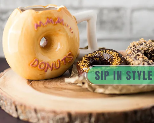 Miniatura 6 de Comfify Taza de cerámica con forma de dona – Esmalte rosa con chispas – Divertida cita "MMM... Donuts!" – Taza de café de 14 onzas para té