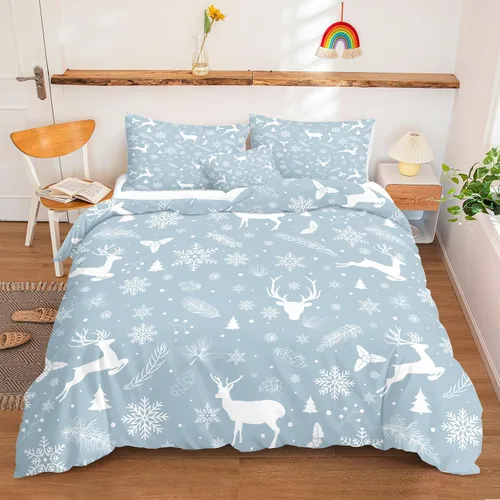 Miniatura 39 de Juego de ropa de cama de Navidad con funda de edredón de copos de nieve, color blanco y rojo, con estampado navideño, juego de ropa de cama festiva