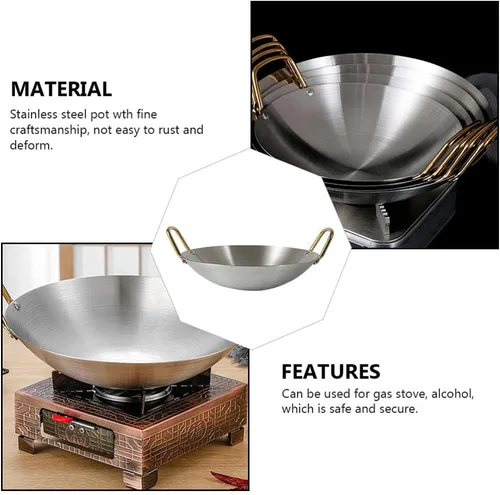 Miniatura 3 de GANAZONO Olla de acero inoxidable de acero inoxidable Wok Pan Sartén para saltear Sartén redonda de acero Sartén de wok chino Sartén de wok de acero