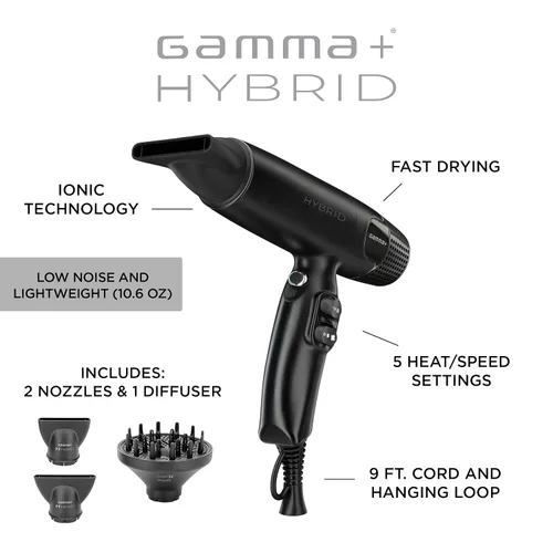 Miniatura 3 de GAMMA+ Secador de pelo profesional híbrido ligero, tecnología iónica, bajo ruido con 2 boquillas y difusor