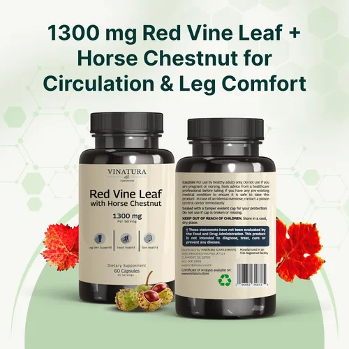 Miniatura 8 de VINATURA Extracto de hoja de vid roja, castaño de indias, 1300 mg/porción, fabricado y probado en EE. UU., soporte para la circulación y las venas