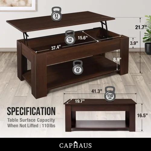 Miniatura 3 de CAPHAUS Mesa auxiliar elevable con almacenamiento y compartimento oculto, mesa elevadora para sala de estar, estante inferior abierto, 41 pulgadas