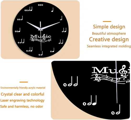Miniatura 4 de Reloj de pared creativo con nota musical, reloj silencioso en blanco y negro, decorativo, para niños, adultos, estudiantes, habitación, hogar