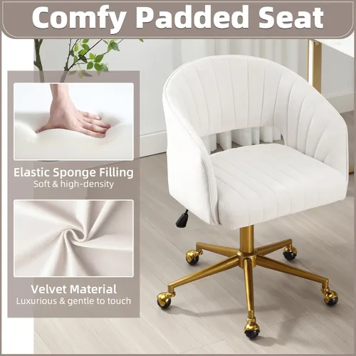 Miniatura 5 de ABET Silla de escritorio con ruedas, silla de terciopelo para oficina en casa, sillón giratorio con base dorada, sillas decorativas modernas Crema