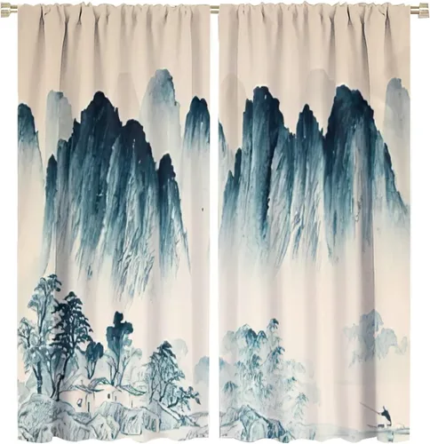 Miniatura 30 de Cortina japonesa con diseño de cerezo en flor, montañas, río, nubes, pinos, paisaje, naturaleza, asiático, anime, oscurecimiento de habitación