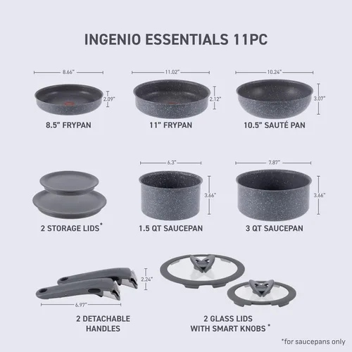 Miniatura 2 de T-fal Ingenio Essentials - Juego de utensilios de cocina con mango desmontable/extraíble de 11 piezas, granito titanio antiadherente, apto para Gris