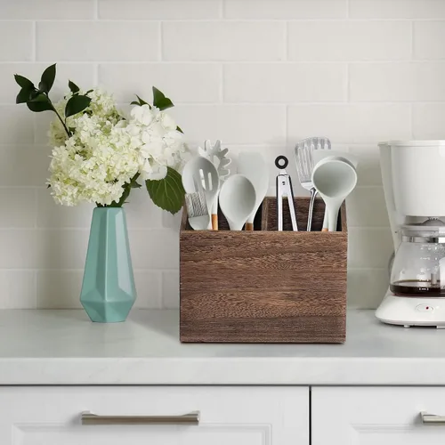 Miniatura 3 de Organizador de utensilios de cocina de madera con 2 compartimentos, soporte rústico para encimera de cocina, caja organizadora de utensilios