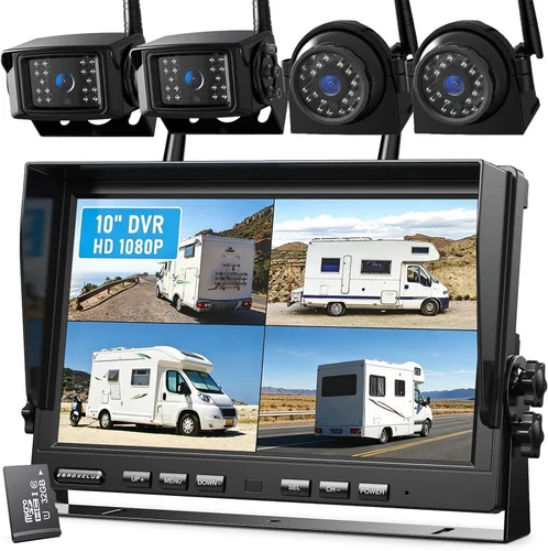 ZEROXCLUB Sistema de cámara de respaldo inalámbrico de 10 pulgadas 1080P, 10 pulgadas DVR Quad Split Monitor Cámaras de visión lateral trasera, IP69