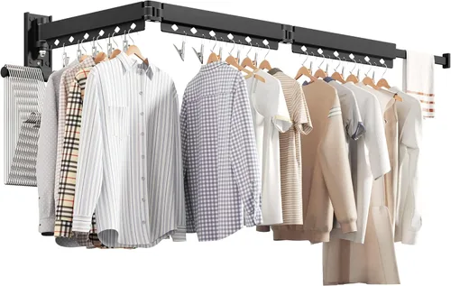 ZdwCyl Percha de ropa montada en la pared, estante de secado de ropa de aluminio, ahorro de espacio, retráctil, agujeros a prueba de viento, con