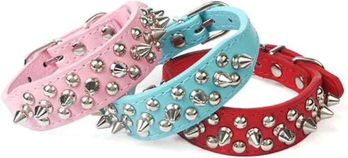 Miniatura 3 de Dogs Kingdom Collar de piel suave con remaches y picos de piel suave, hebilla ajustable, para perros pequeños, medianos y grandes, color rosa, XXS