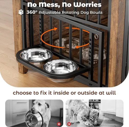 Miniatura 9 de Lulive Mueble de jaula para perros, jaula de madera para perros de interior con cuencos ajustables de 360° y altura, muebles de doble puerta