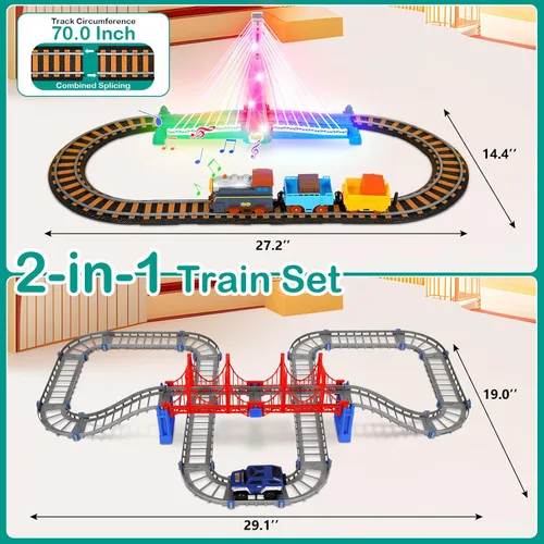 Miniatura 7 de Juego de tren eléctrico para niños de 4 a 8 años con juego de pistas de tren y pistas de automóvil, puente iluminado, señal de tráfico, sonido