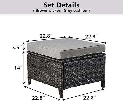 Miniatura 3 de Belord Juego de 2 taburetes otomanos de mimbre de ratán para todo tipo de clima, con cojines suaves para muebles de patio Cojín de mimbre marrón/gris