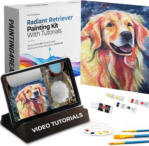 Kits de clase de pintura para adultos con tutoriales en video, aprende a pintar radiant retriever, cómo pintar con juegos de pintura acrílica para