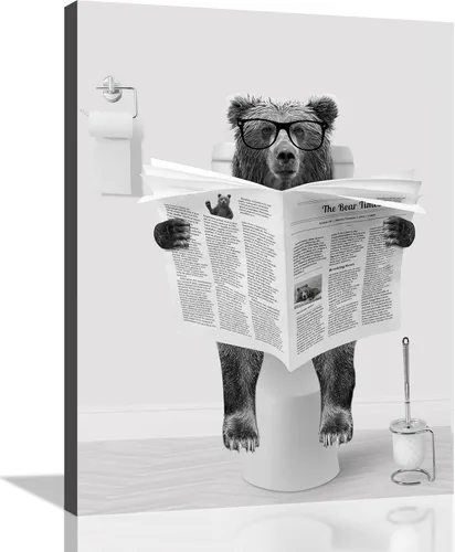 Decoración de Arte de Pared en Blanco y Negro – Oso con Gafas Sentado en el Inodoro Leyendo Periódico, Impresiones en Lienzo, Imágenes de Animales