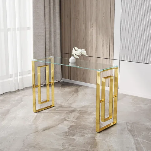 Miniatura 3 de SSLine Mesa consola de vidrio templado, mesa de sofá de cristal transparente con marco de acero inoxidable, mesas de entrada doradas para pasillo