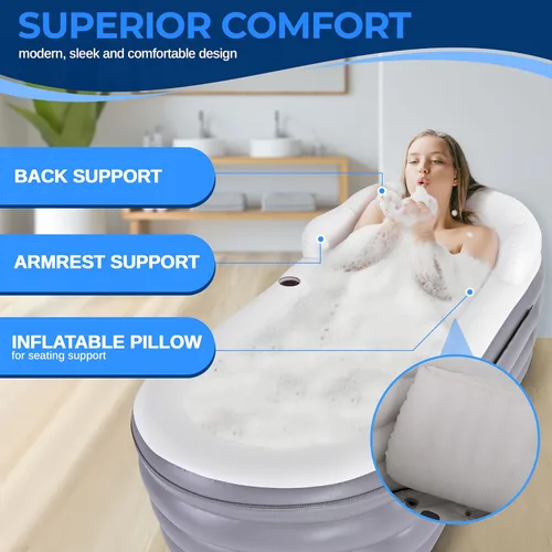Miniatura 2 de SereneLife Bañera de spa con alfombrilla de masaje de burbujas – Bañera inflable con almohada, portavasos, control remoto para iluminación LED