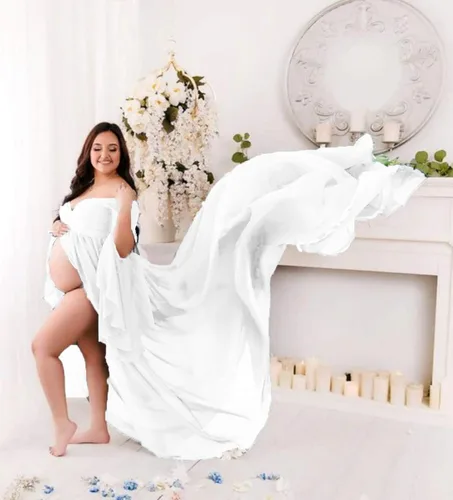 Miniatura 5 de ZIUMUDY Vestido largo de gasa con hombros descubiertos para sesión de fotos, mangas acampanadas, vestido dividido para fotografía, baby shower