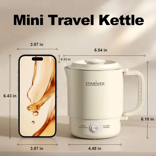 Miniatura 3 de Stariver Hervidor Eléctrico Portátil de Viaje, Hervidor Eléctrico Pequeño de 600ML con Asa Plegable, Hervidor de Agua Colapsable de Acero Inoxidable