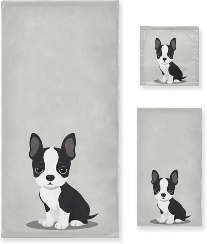 Dussdil Boston Terrier - Juego de 3 toallas de baño para cachorros, 1 toalla de baño, 1 toalla de mano, 1 toalla de mano, 1 toalla para el hogar,
