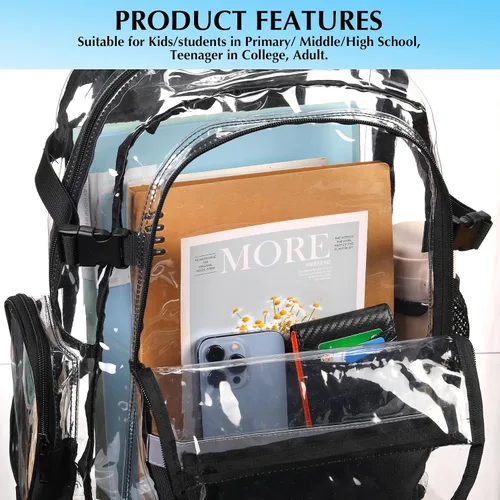 Miniatura 7 de BORMELUN Mochila transparente resistente – Mochila transparente para estadio escolar para niños, niñas, hombres y mujeres (negro 3)