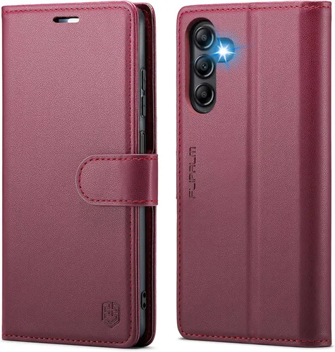 FLIPALM Funda tipo cartera para Samsung Galaxy A14 5G con bloqueo RFID, soporte para tarjeta de crédito, de piel sintética, función atril, funda Rojo